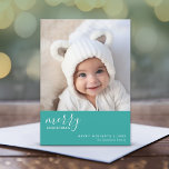 1 Photo Collage Minimal Merry Christmas - blue Holiday Card<br><div class="desc">Teal and White Huge Chevron Pattern - A merry and bright Holiday greeting with snow and wishes for a good year greeting. The back of the card includes a trendy pattern.</div>