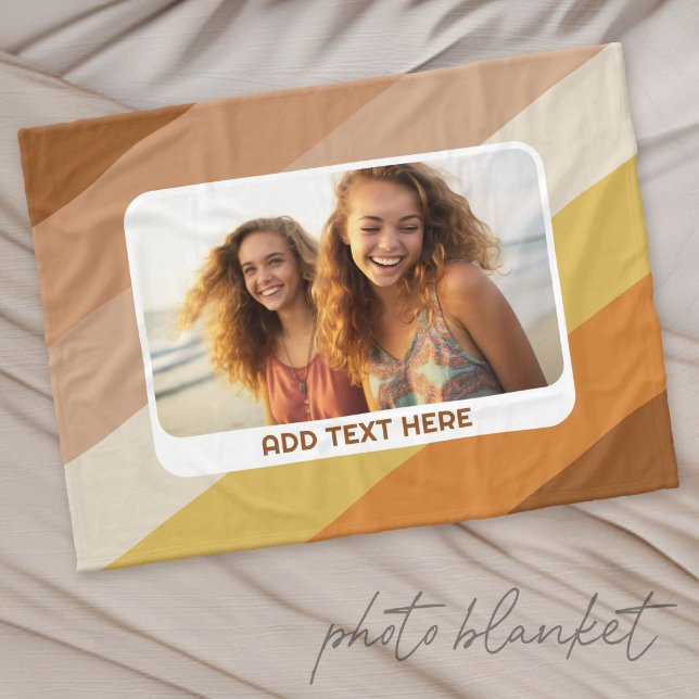 1 Photo Collage - text - Retro Stripes Warm Colour Fleece Blanket (Custom Fleece Photo Blanket)