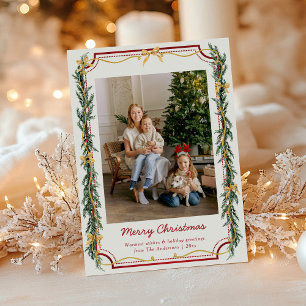 1 Photo Cute Botanical Christmas Foliage Gold Bows Holiday Card
