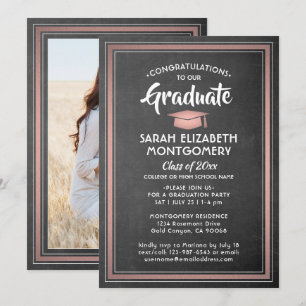 1 Photo Elegant Black Chalkboard & Pink Graduation Invitation