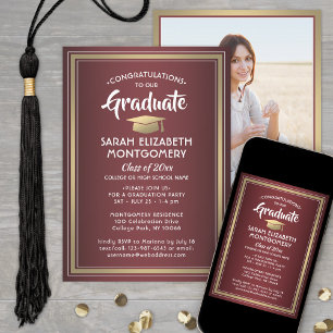 1 Photo Elegant Burgundy Red and Gold Graduation Invitation