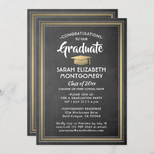 1 Photo Elegant Chalkboard Black & Gold Graduation Invitation