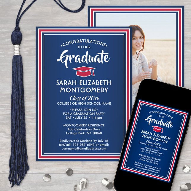 1 Photo Elegant Congrats Red White Blue Graduation Invitation (Creator Uploaded)