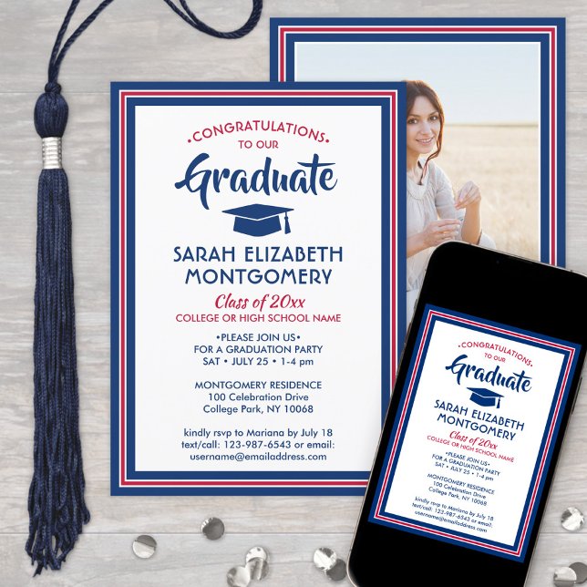 1 Photo Elegant Congrats Red White Blue Graduation Invitation (Creator Uploaded)