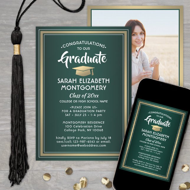 1 Photo Elegant Green Gold and White Graduation Invitation (Creator Uploaded)
