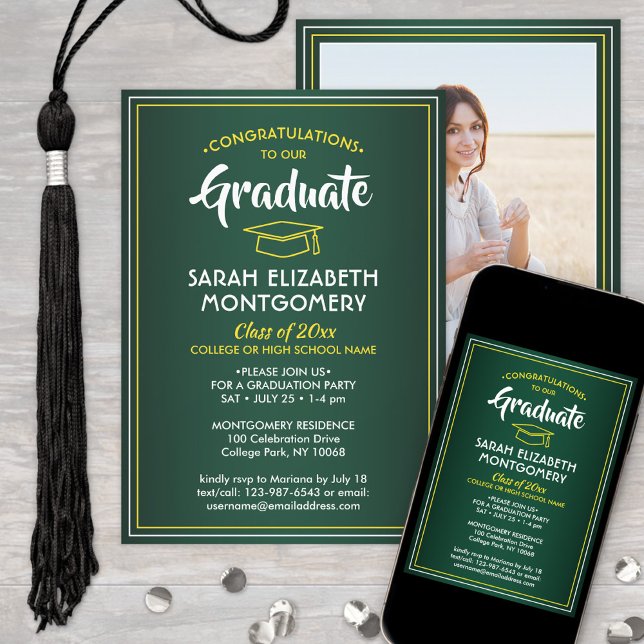 1 Photo Elegant Green Gold Yellow White Graduation Invitation (Creator Uploaded)