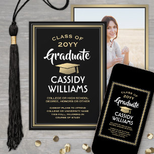 1 Photo Elegant Modern Black Gold White Graduation Announcement
