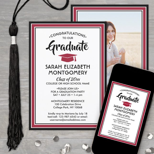 1 Photo Elegant Modern Red Black White Graduation Invitation (Creator Uploaded)