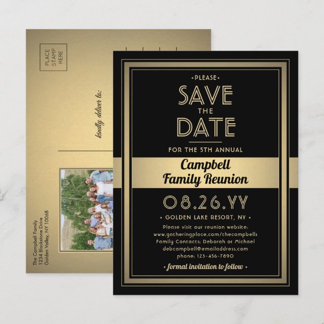 1 Photo Family Reunion Save the Date Black & Gold Announcement Postcard (Front/Back)