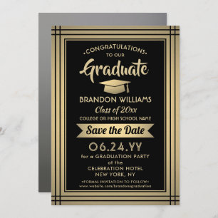 1 Photo Graduation Black and Gold Faux Foil Modern Save The Date