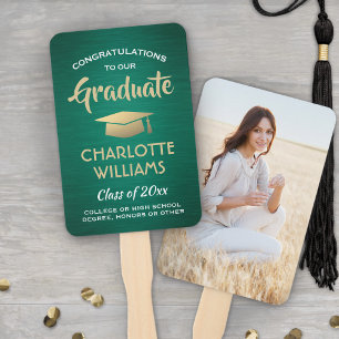 1 Photo Graduation Brushed Green Gold and White Hand Fan