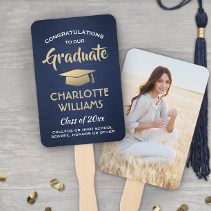 1 Photo Graduation Brushed Navy Blue Gold & White Hand Fan