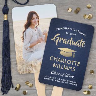 1 Photo Graduation Brushed Navy Blue Gold & White Hand Fan