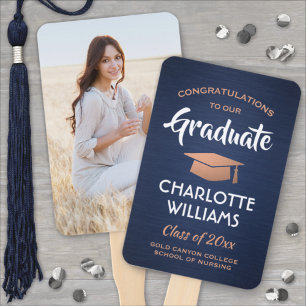 1 Photo Graduation Brushed Navy Blue White Copper Hand Fan