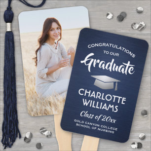 1 Photo Graduation Brushed Navy Blue White Silver Hand Fan
