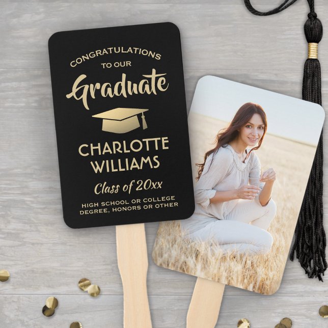 1 Photo Graduation Congrats Modern Black and Gold Hand Fan (Creator Uploaded)
