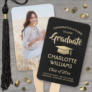 1 Photo Graduation Congrats Modern Black and Gold Hand Fan
