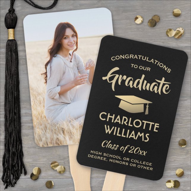 1 Photo Graduation Congrats Modern Black and Gold Hand Fan (Creator Uploaded)