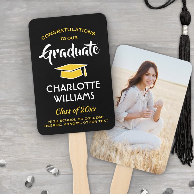 1 Photo Graduation Elegant Black Gold Yellow Hand Fan (Creator Uploaded)
