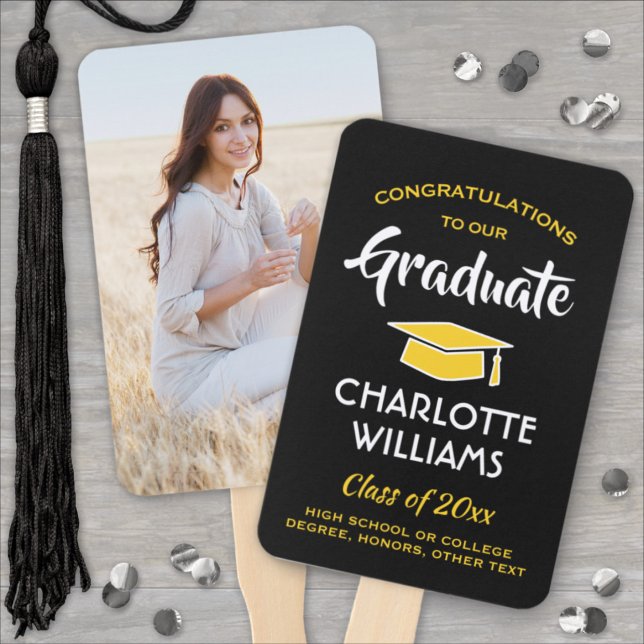 1 Photo Graduation Elegant Black Gold Yellow Hand Fan (Creator Uploaded)