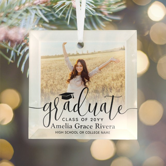 1 Photo Graduation Elegant Black Script Class Year Glass Tree Decoration (Creator Uploaded)