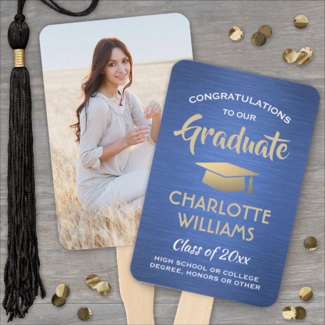1 Photo Graduation Elegant Brushed Blue Gold White Hand Fan (Creator Uploaded)