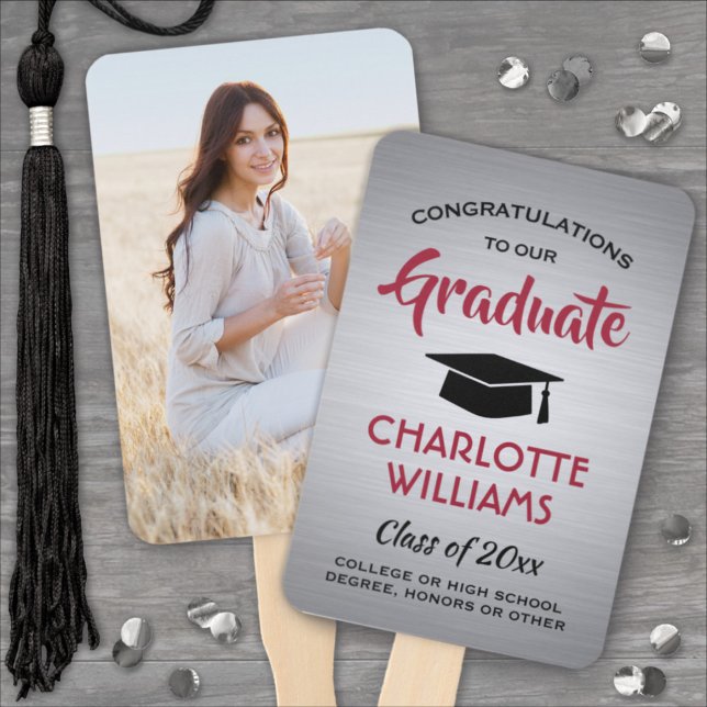 1 Photo Graduation Elegant Brushed Grey Red Black Hand Fan (Creator Uploaded)
