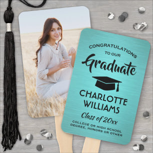 1 Photo Graduation Elegant Brushed Teal Blue Black Hand Fan