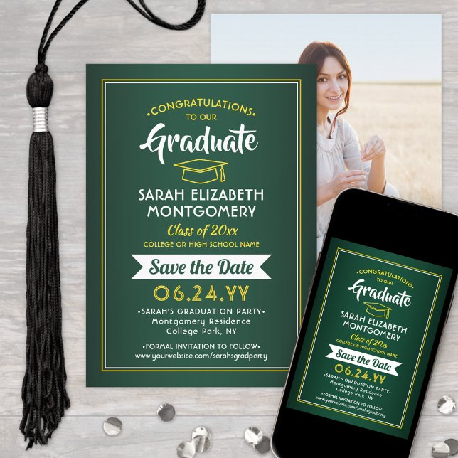 1 Photo Graduation Elegant Green & Gold Yellow Save The Date (Creator Uploaded)
