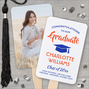 1 Photo Graduation Elegant Modern Orange and Blue Hand Fan