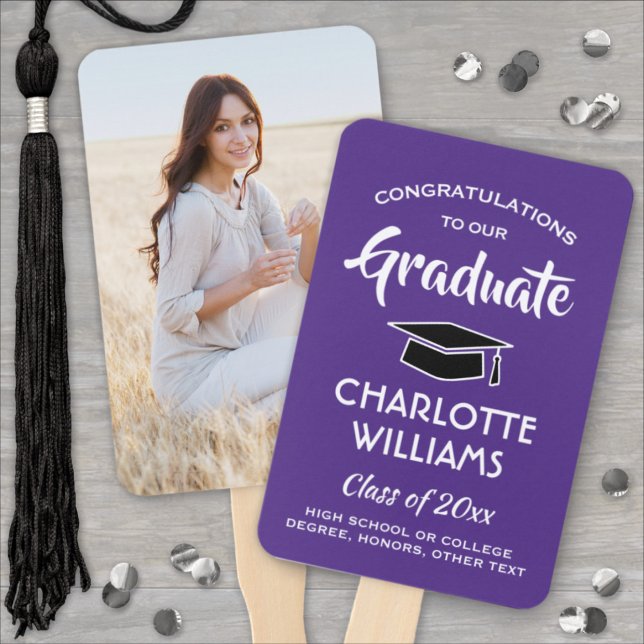1 Photo Graduation Elegant Modern Purple and White Hand Fan (Creator Uploaded)