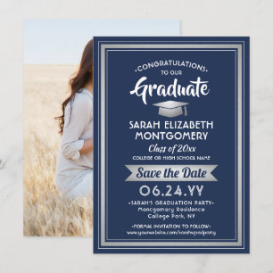 1 Photo Graduation Elegant Navy Blue and White Save The Date