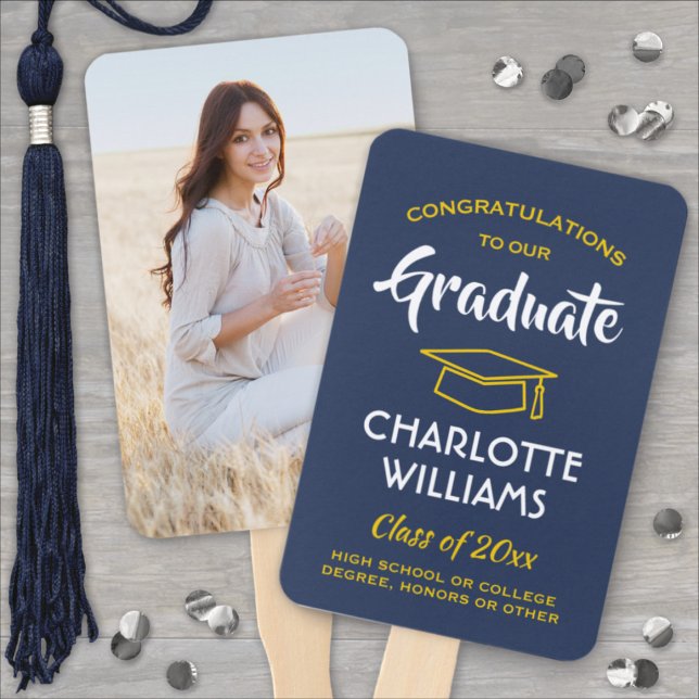 1 Photo Graduation Elegant Navy Blue Gold Yellow Hand Fan (Creator Uploaded)