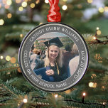1 Photo Graduation Elegant Simple Grey and White Metal Tree Decoration<br><div class="desc">Commemorate graduation day with a custom photo grey and white round acrylic Christmas ornament. Picture and all text are simple to customise. Include any favourite inspirational quote, motivational saying, school name and degree, congratulations, thanks mum and dad, or other message of your choice. (IMAGE & TEXT DESIGN TIPS: 1) To...</div>