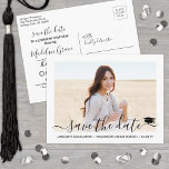 1 Photo Graduation Modern Script Save the Date Announcement Postcard<br><div class="desc">Share the joyful news of an upcoming graduation party with modern custom photo save the date postcard invitations. The picture and wording on this template are simple to personalise with graduate name, class year and other announcement details of your choice. All colours can also be customised using the Zazzle design...</div>