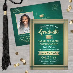 1 Photo Green Gold White Graduation Save the Date Announcement Postcard
