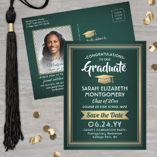1 Photo Green Gold White Graduation Save the Date Announcement Postcard