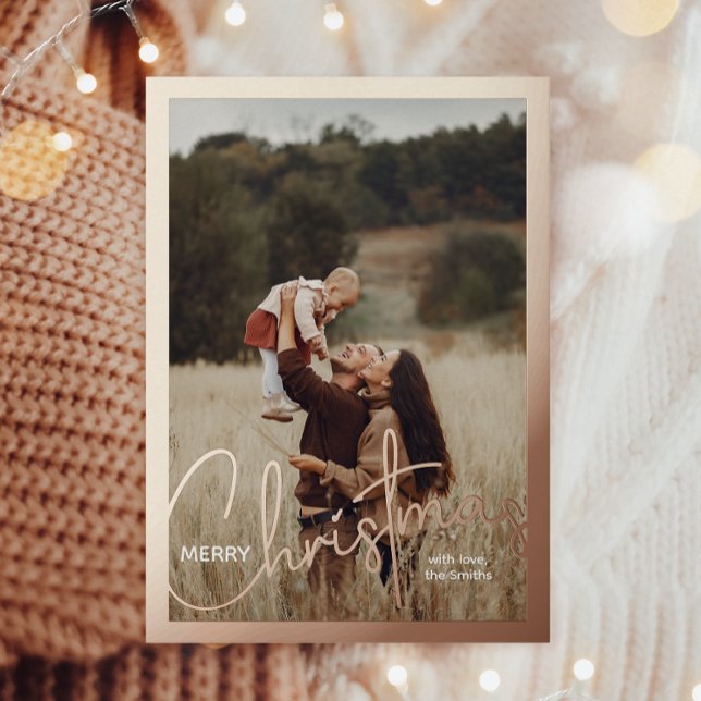 1 Photo Handwritten Script Merry Christmas Foil Holiday Postcard (Creator Uploaded)