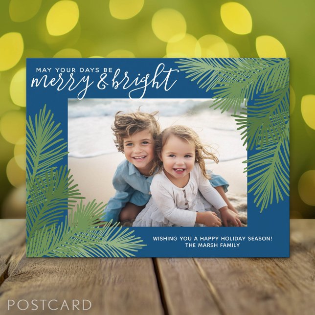 1 Photo Merry Bright Calligraphy Modern Christmas Holiday Postcard (Holiday Photo Postcard)