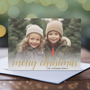 1 Photo Merry Christmas Script Gold Damask Holiday Card