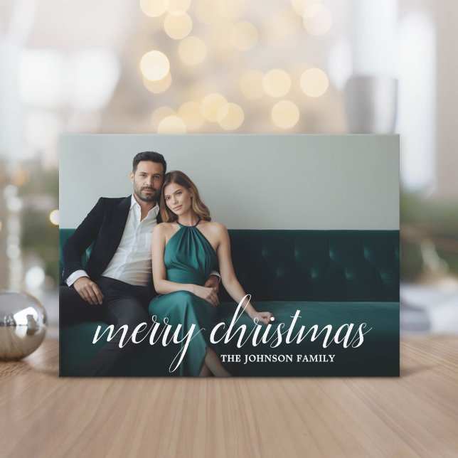 1 Photo Merry Christmas Script Houndstooth  Holiday Card (Modern, minimal Holiday Greeting Card)