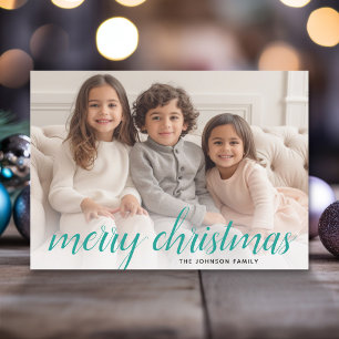 1 Photo Merry Christmas Script Teal Damask Holiday Card