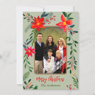  1 Photo Merry Christmas Watercolor Floral Holiday Card