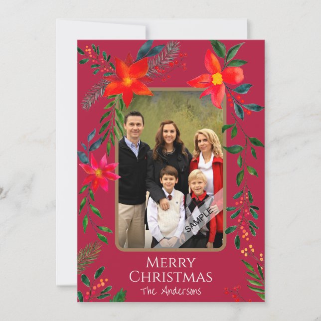  1 Photo Merry Christmas Watercolor Floral Holiday Card (Front)