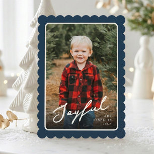 1 Photo Modern Scallop Frame Joyful Christmas Holiday Card