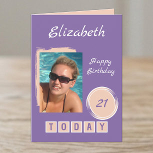 1 photo name peach purple 21st birthday card
