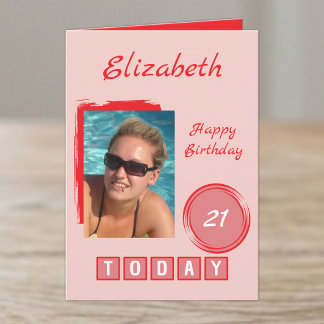 1 photo name red pink 21st birthday card