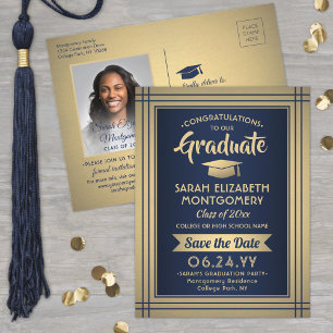 1 Photo Navy Blue & Gold Graduation Save the Date Announcement Postcard
