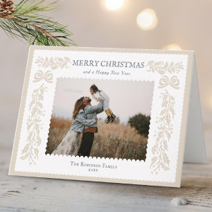 1 Photo Neutral Holly Garland Merry Christmas Holiday Card