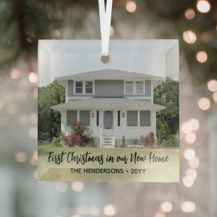 1 Photo New Home 1st Christmas Simple Black Scrip Glass Tree Decoration